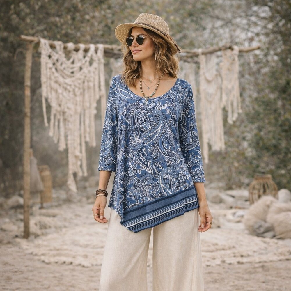 NWT Cleo Petites Blue Paisley Sharkbite Hem Tunic Top 3/4 Sleeve SZ M